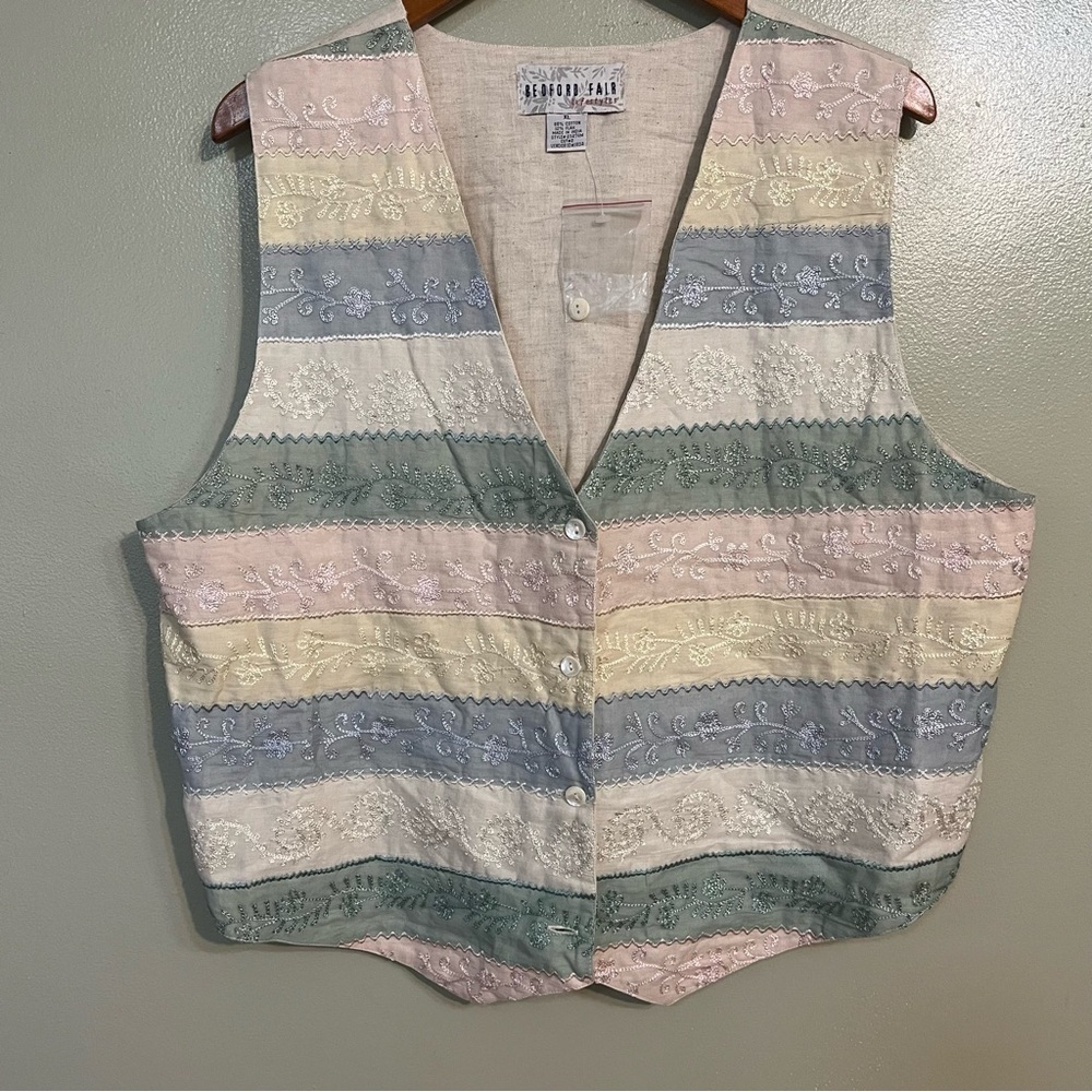 VTG Y2K Cottage Core Bedford Fair Embroidered Striped Pastel Vest xL NWT